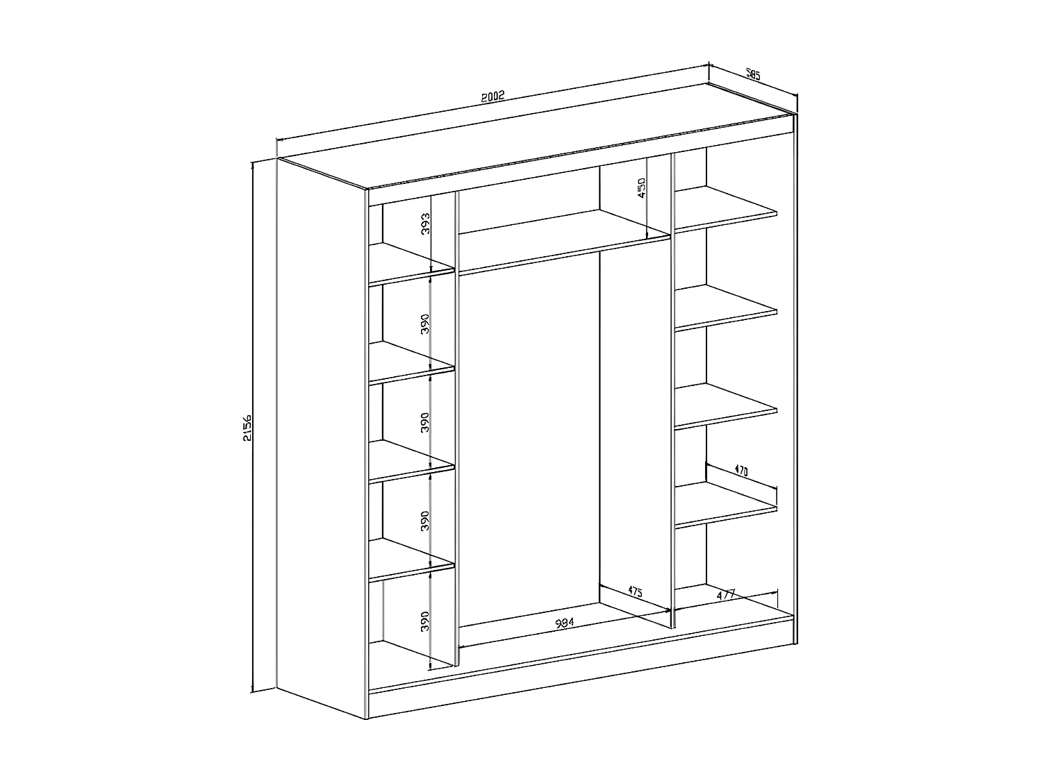 Guarda-roupa 2 portas de correr com espelho L200 cm branco - OCHIRA