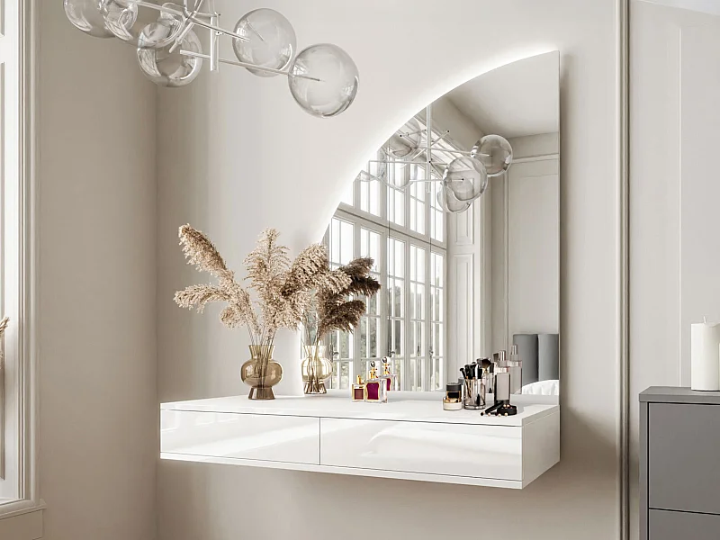 Tocador flotante con espejo LED - 2 cajones - Blanco brillante - JINEZA