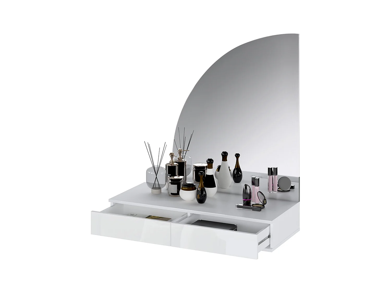 Tocador flotante con espejo LED - 2 cajones - Blanco brillante - JINEZA