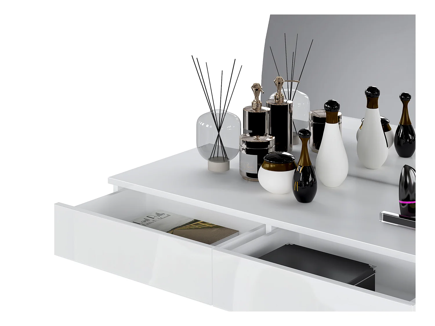 Tocador flotante con espejo LED - 2 cajones - Blanco brillante - JINEZA