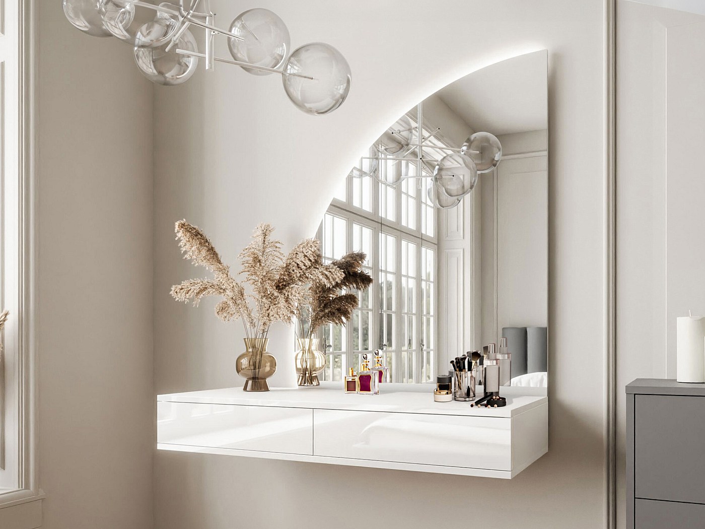 Coiffeuse suspendue avec miroir à LEDs 2 tiroirs blanc - JINEZA