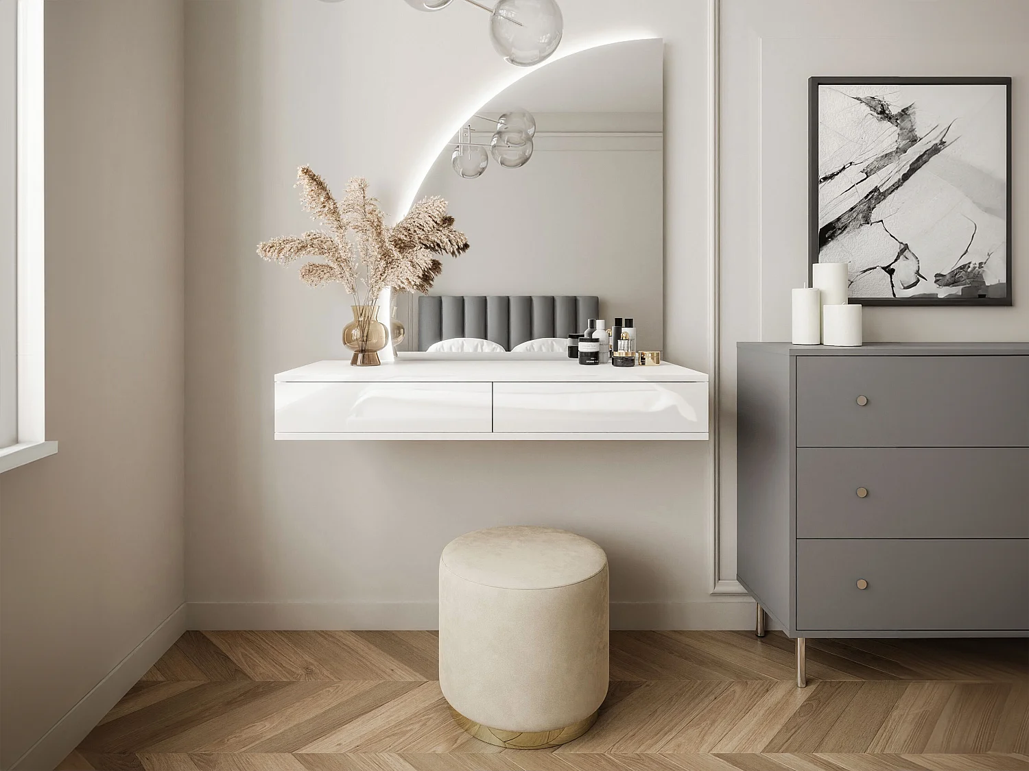 Coiffeuse suspendue avec miroir à LEDs - 2 tiroirs - Blanc brillant - JINEZA