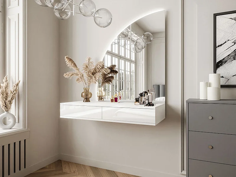 Coiffeuse 13 tiroirs miroir lumineux plateau verre 120cm Glazzy - Decome Store
