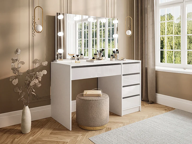 Coiffeuse avec miroir à LEDs - 5 tiroirs - Blanc brillant - JENEMI