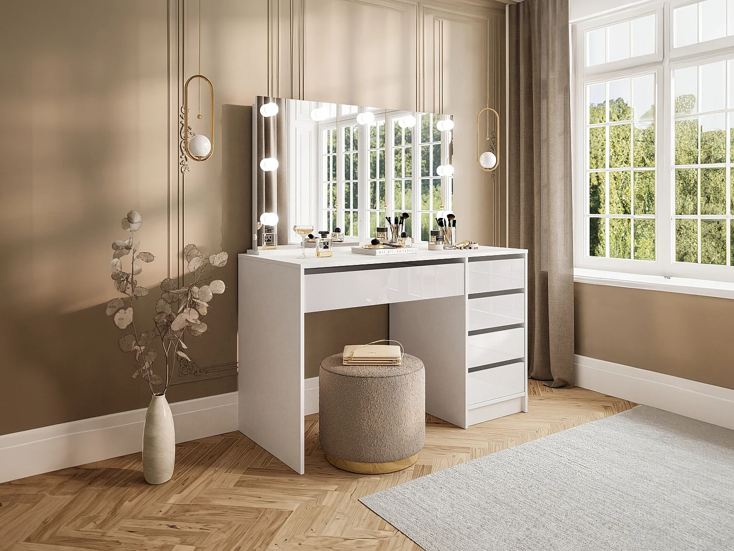 Coiffeuse avec miroir à LEDs - 5 tiroirs - Blanc brillant - JENEMI