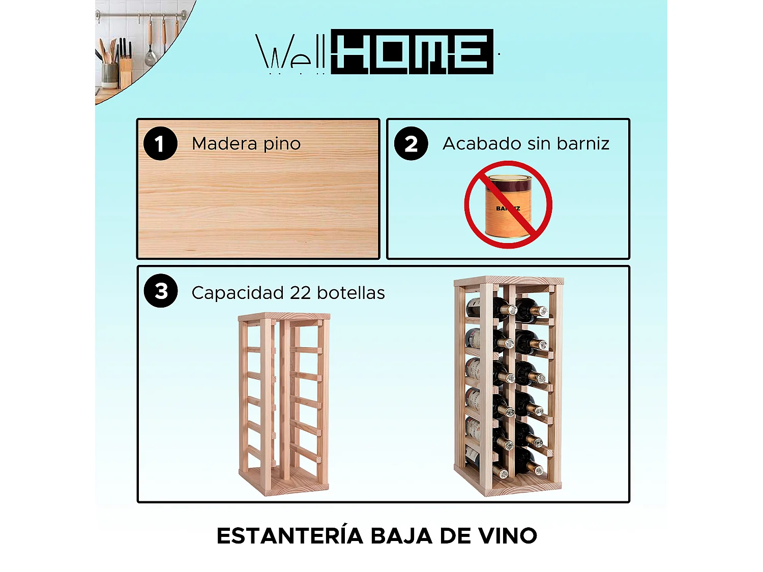 Porte-bouteilles avec étagère basse pour 12 bouteilles, brut de décoffrage.