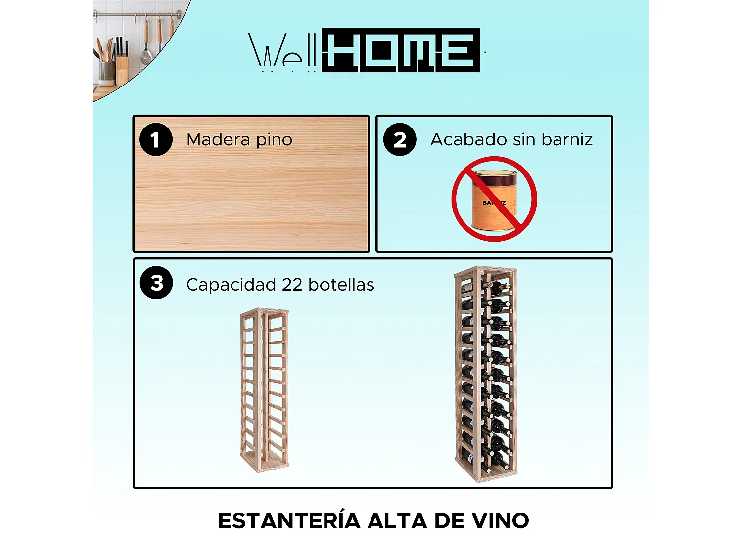 Porte-bouteilles à étagère haute de 22 bouteilles, finition non peinte