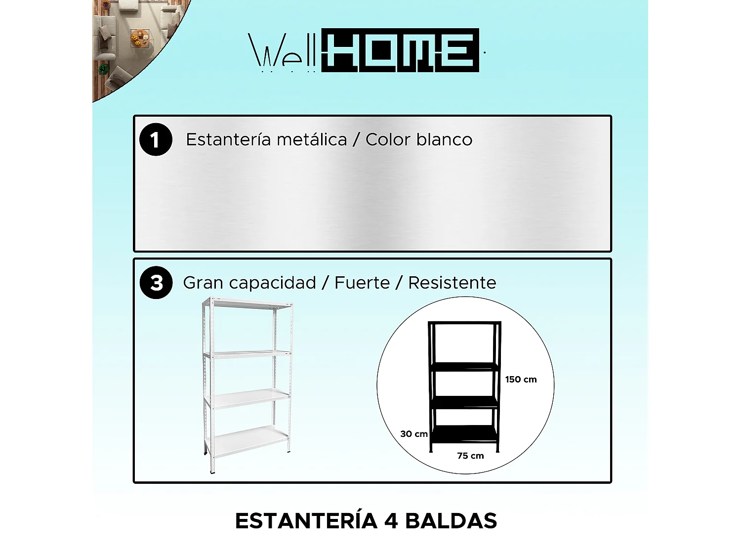 Etagère en métal blanc 4 étagères, 75x30x150 cm