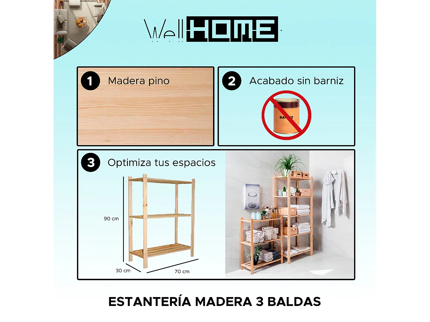 Etagère en bois avec 3 étagères, 90x35x4 cm