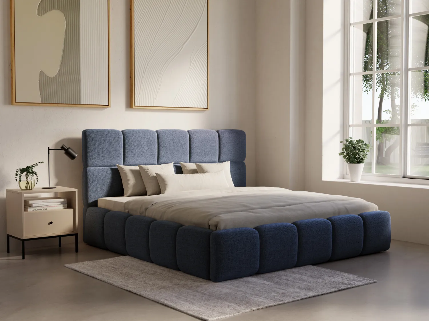 Lit coffre 140 x 190 cm - Tissu texturé - Bleu nuit + Matelas - DAMADO de Pascal Morabito
