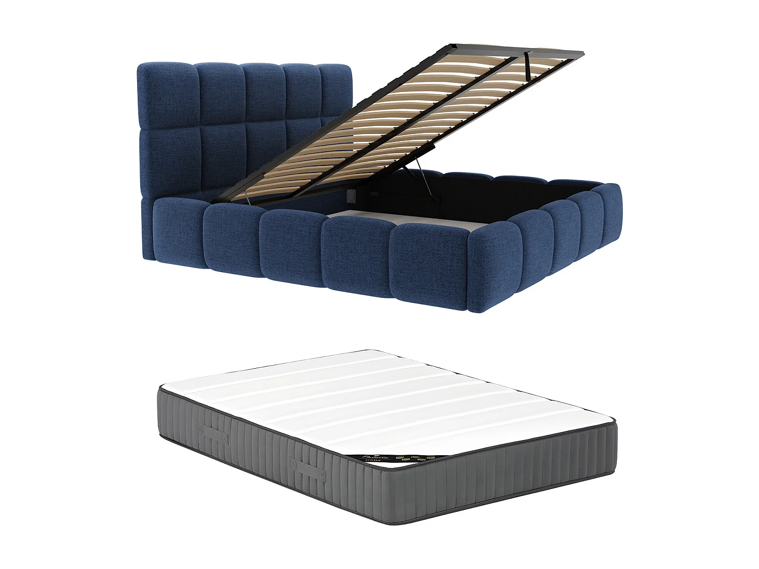 Lit coffre 180 x 200 cm - Tissu texturé - Bleu nuit + Matelas - DAMADO de Pascal Morabito