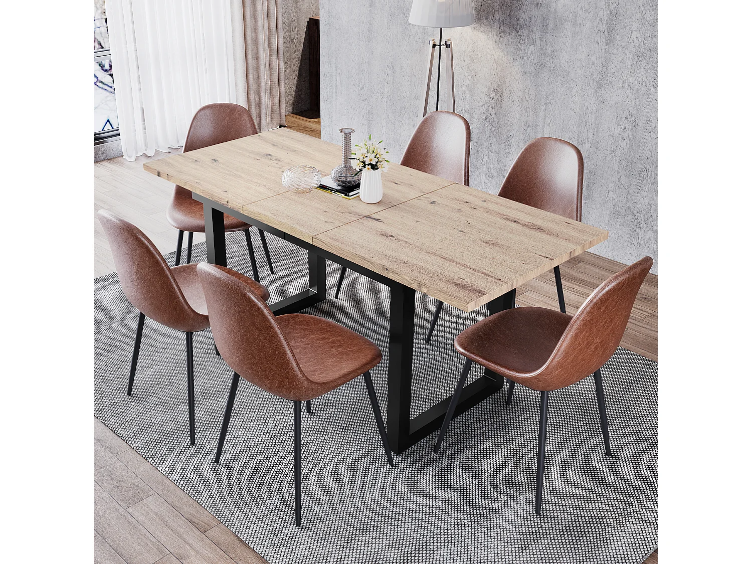 Table à manger extensible 2 à 6 couverts en Panneaux de particules et métal - Naturel et noir