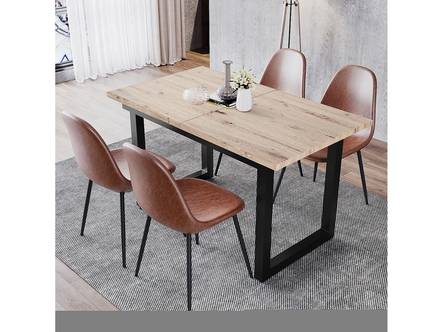 Table à manger extensible 2 à 6 couverts en Panneaux de particules et métal - Naturel et noir