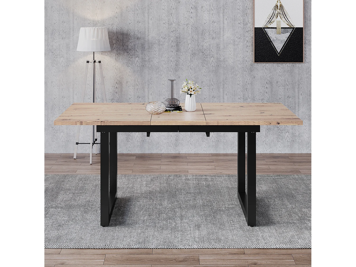 Table à manger extensible 2 à 6 couverts en Panneaux de particules et métal - Naturel et noir