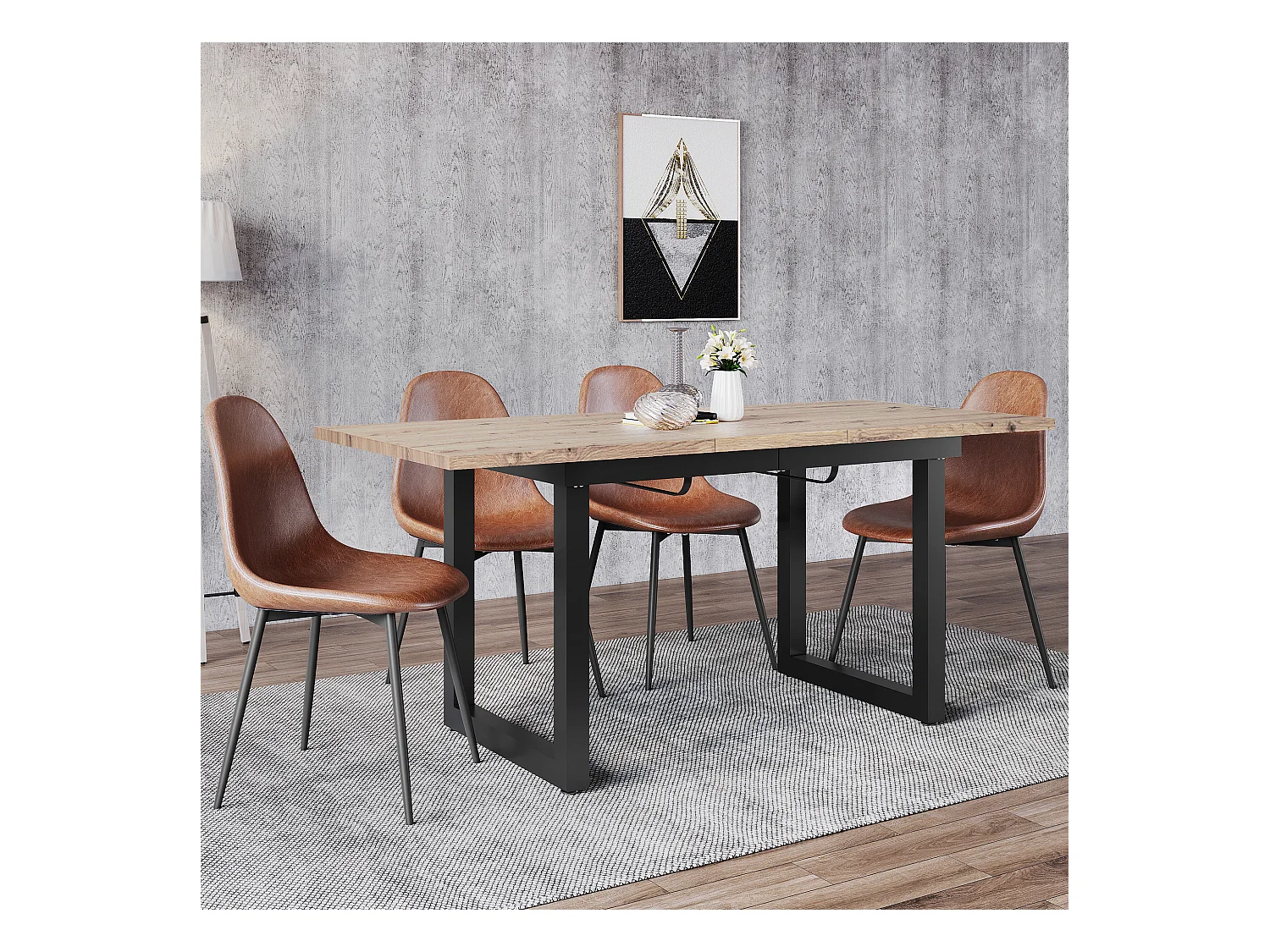 Table à manger extensible 2 à 6 couverts en Panneaux de particules et métal - Naturel et noir