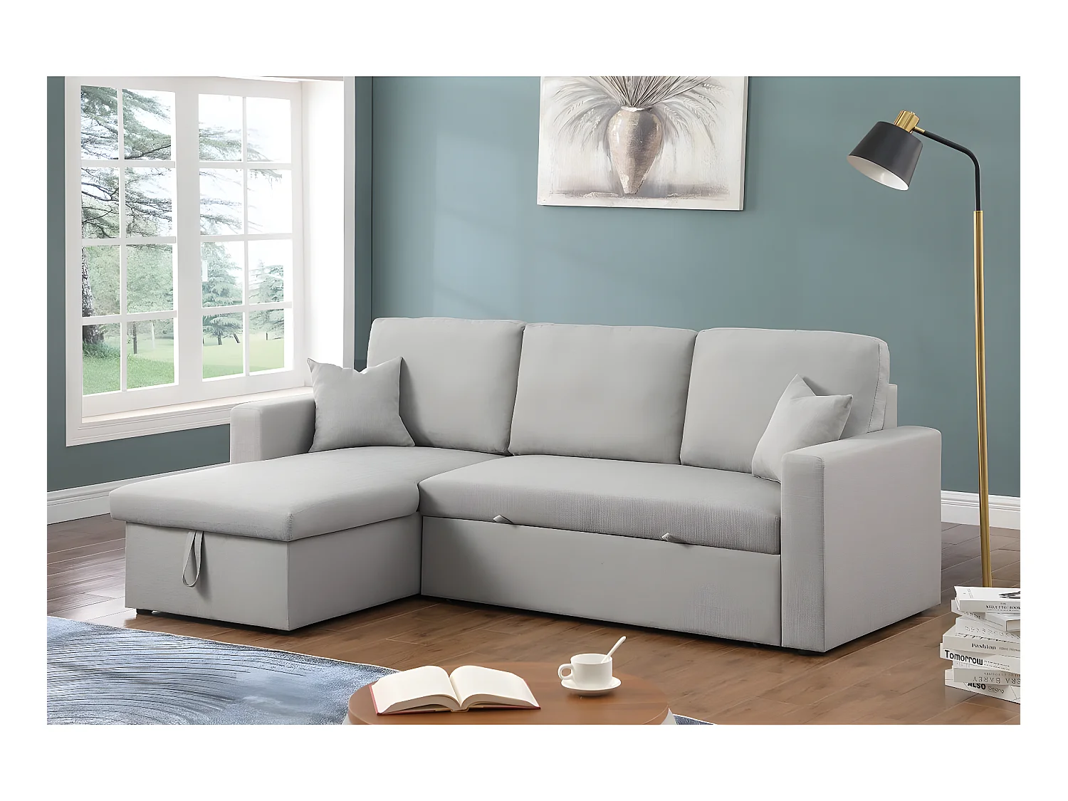 Canapé d'angle convertible/ réversible avec coffre "Alain" - 3 places - Gris clair