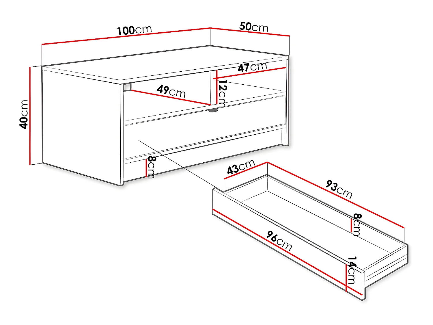 Mesa de centro Tireno branca com armazenamento e gaveta - 100 cm x 40 cm x 50 cm