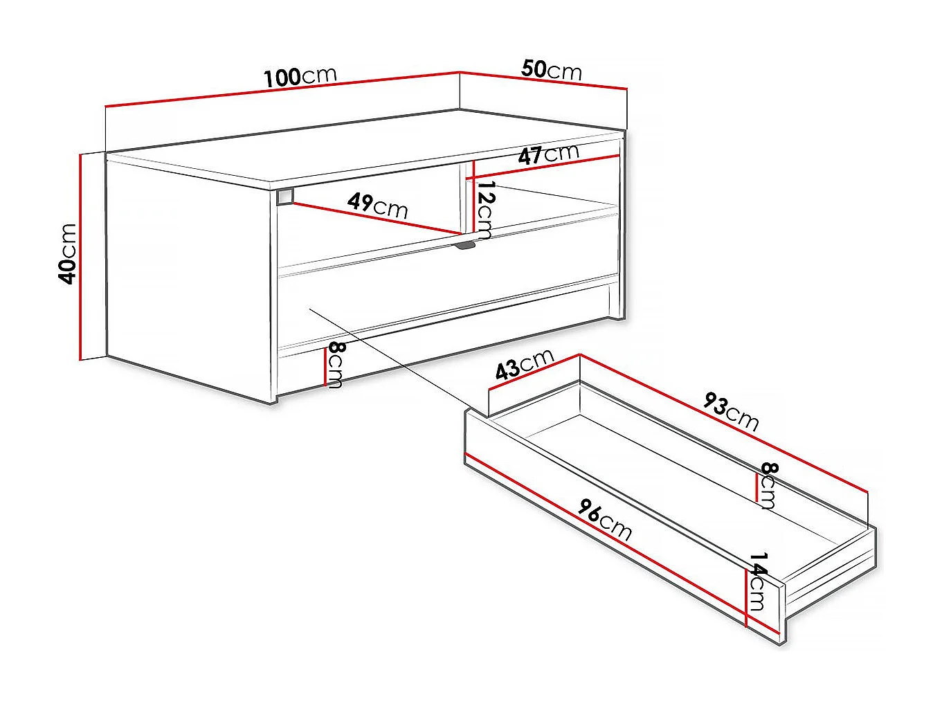 Table basse Tireno - 100 cm X 40 cm X 50 cm-  blanc