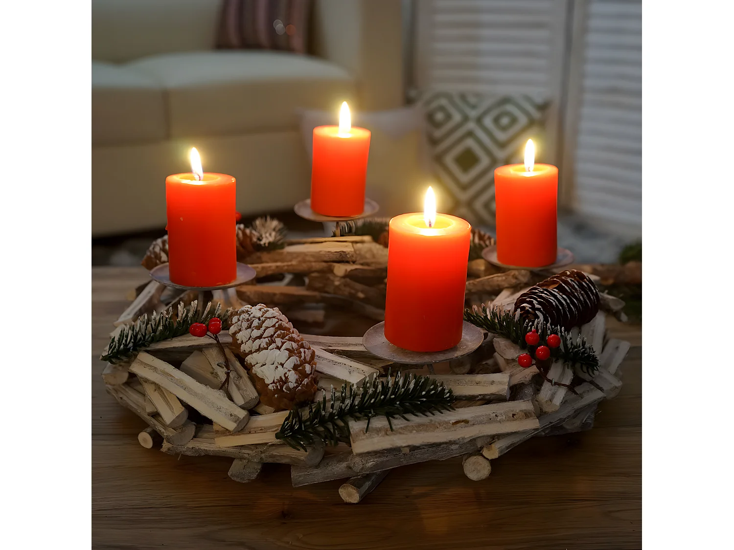 Couronne de l'Avent ronde bois blanche 40 x 40 x 10 cm 04_0002568