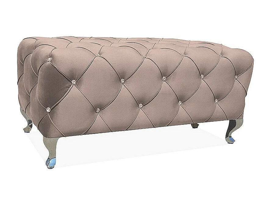 Pouf capitonné en velours beige avec pieds design en métal Lynda