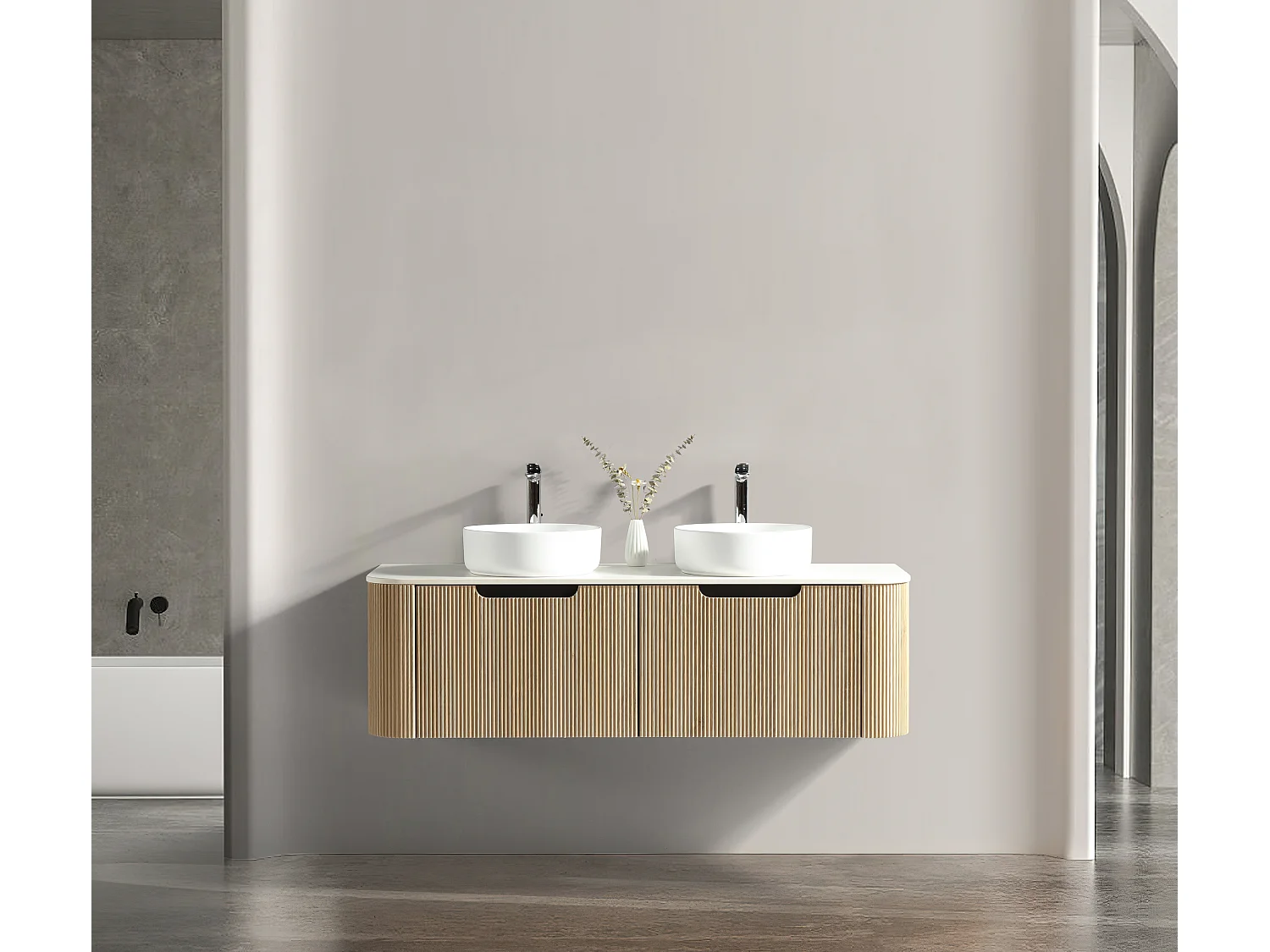 Meuble 140 cm chêne clair Aquagiro double vasque à poser blanc brillant