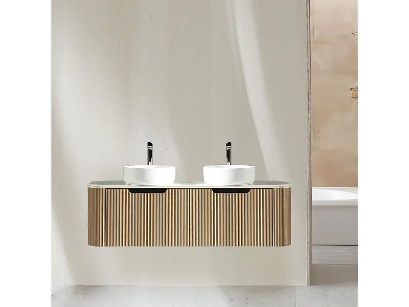 Meuble 140 cm chêne clair Aquagiro double vasque à poser blanc mat