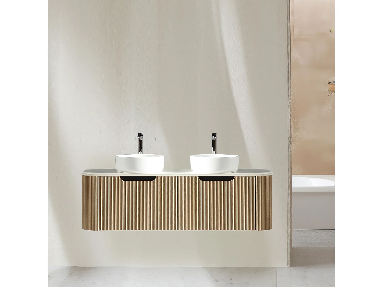 Meuble 140 cm chêne clair Aquagiro double vasque à poser blanc mat