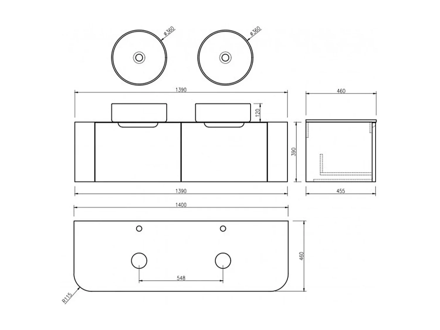 Meuble 140 cm chêne clair Aquagiro double vasque à poser blanc mat