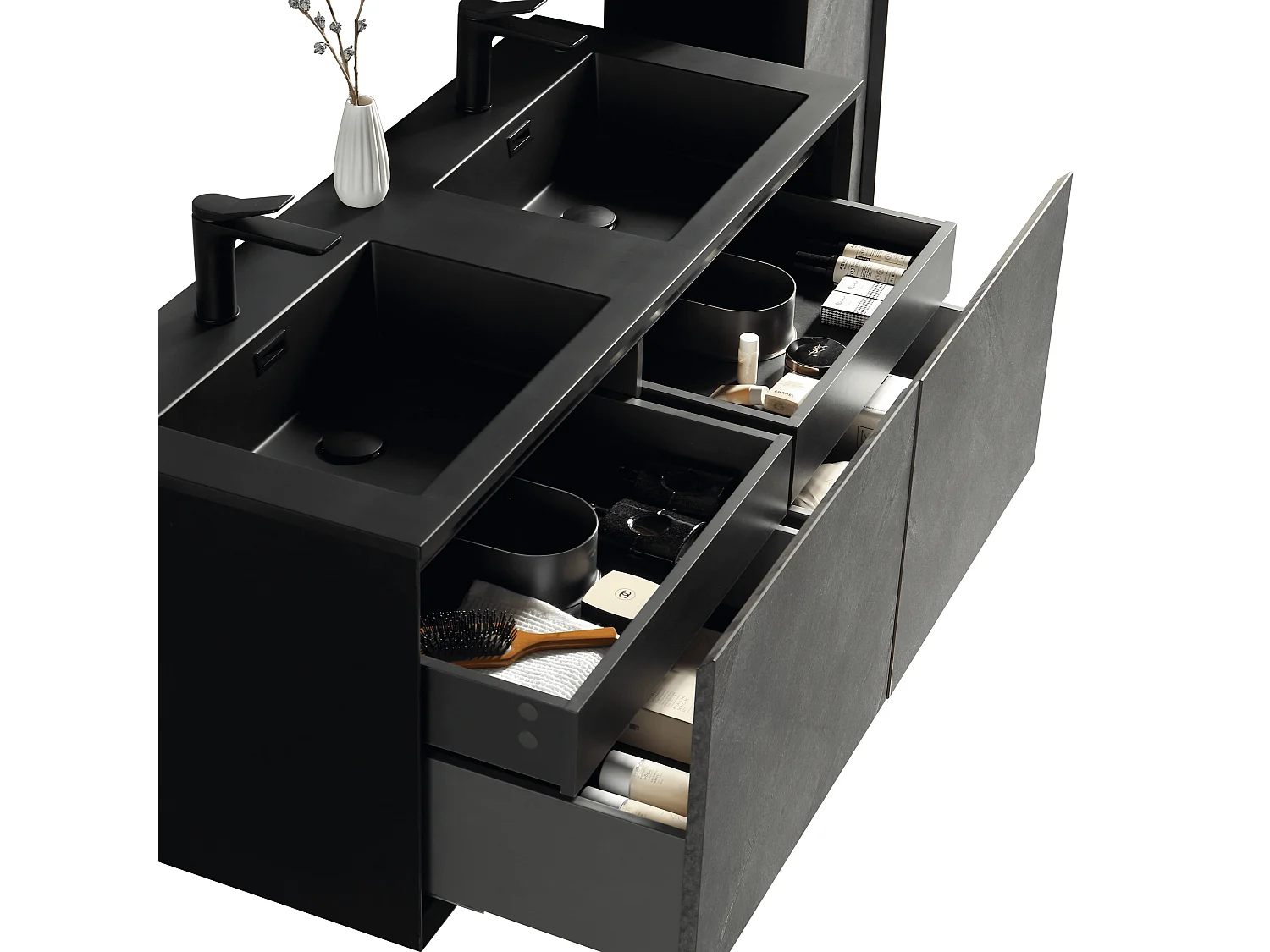 Meuble double vasque 120 cm noir effet pierre Aquasasso