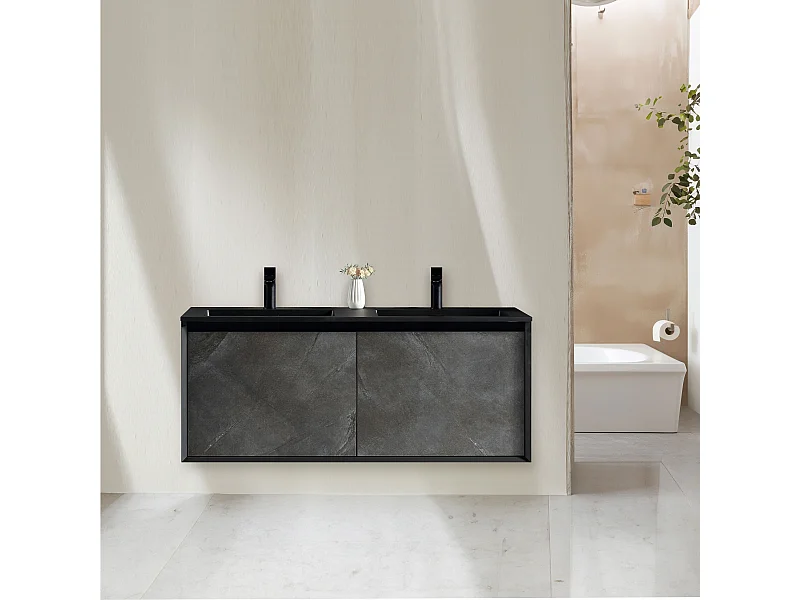 Meuble double vasque 120 cm noir effet marbre Aquasasso