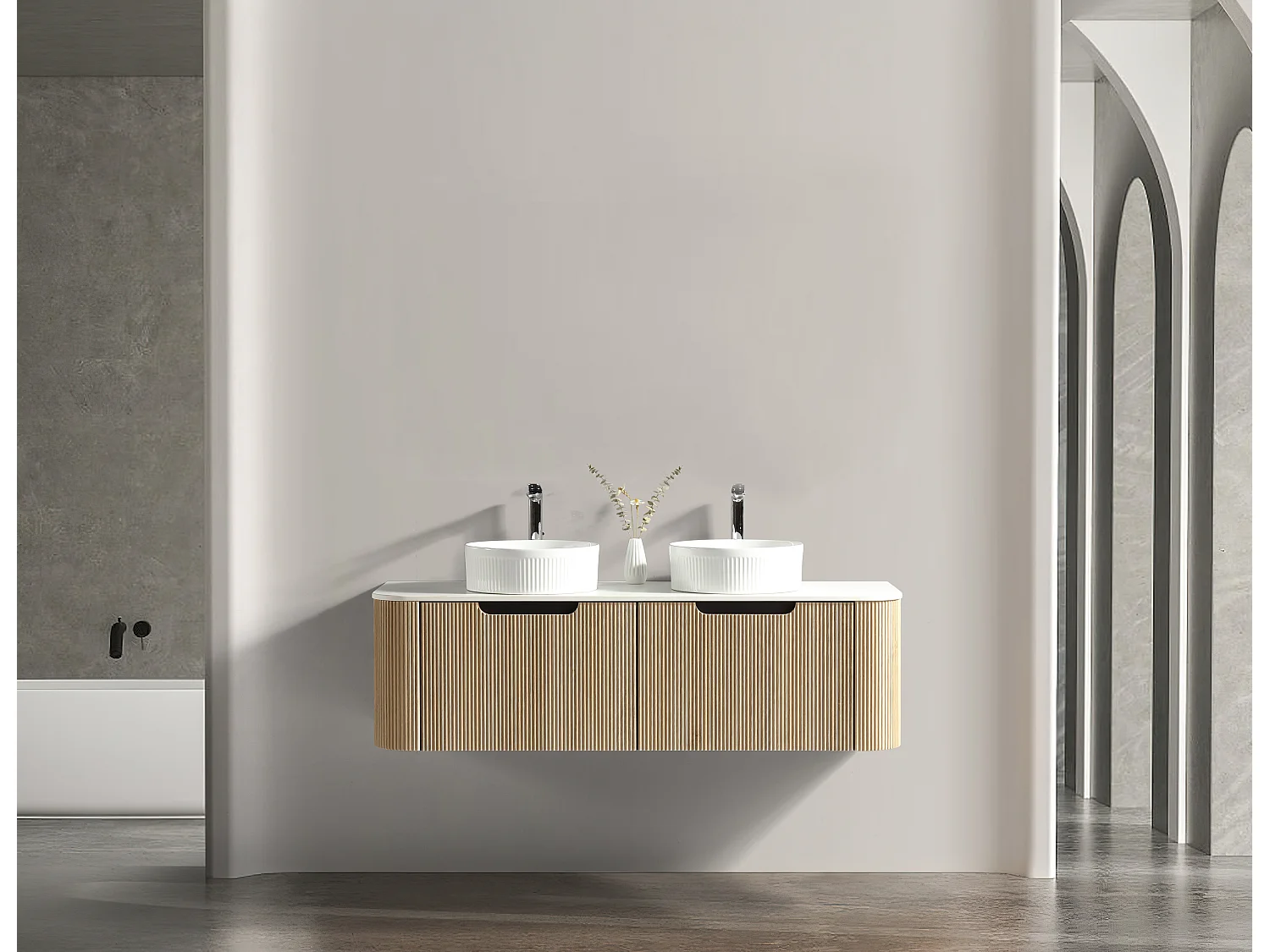 Meuble 140 cm chêne clair Aquagiro double vasque à poser blanche wave