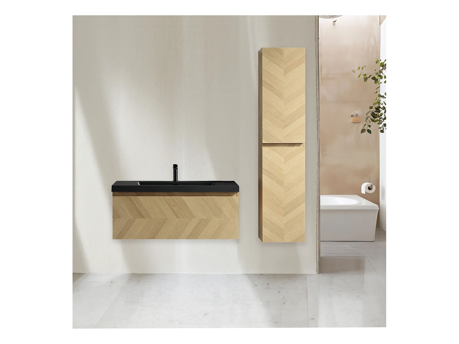 Ensemble salle de bain 120 cm chevron aspect chêne Aquapunto