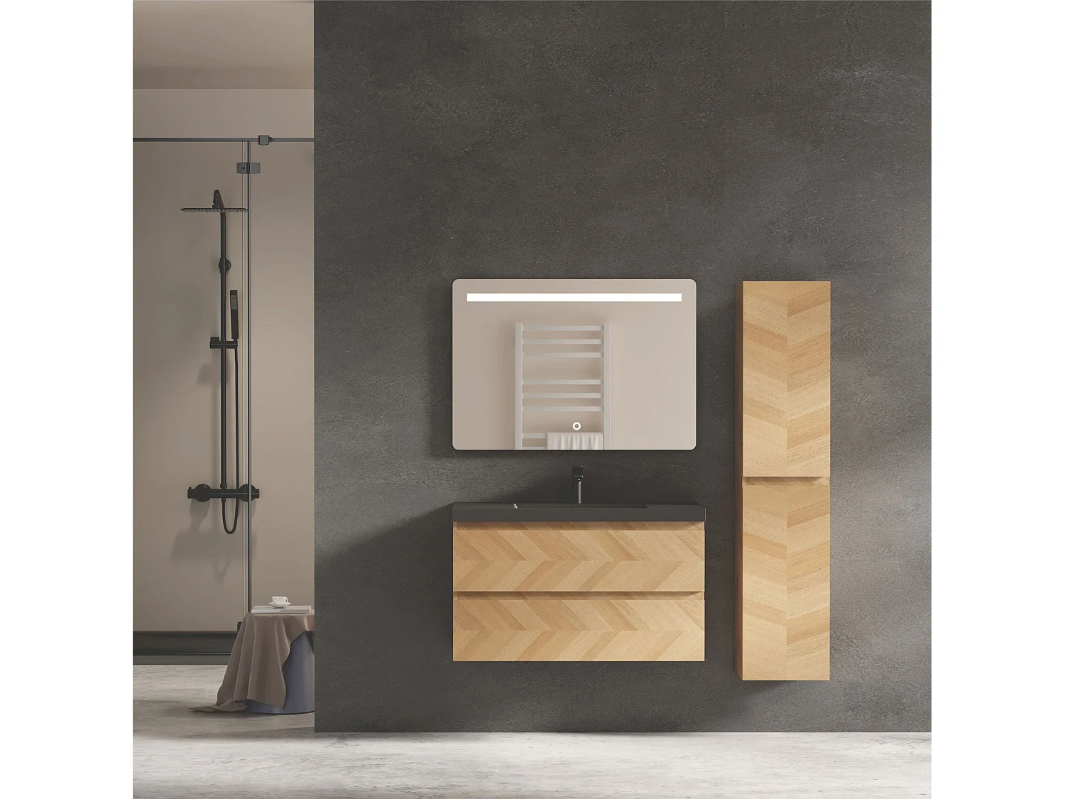 Ensemble salle de bain 120 cm chevron aspect chêne Aquapunto