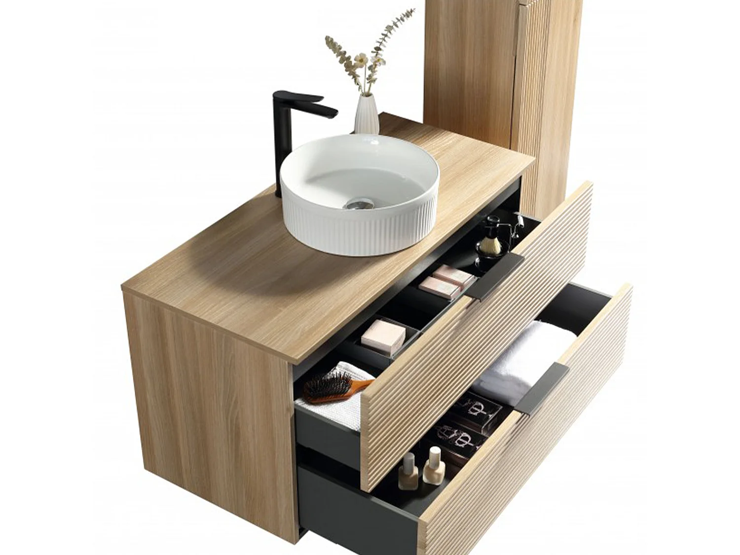 Meuble 120 cm chêne clair avec vasque à poser blanc wave Aqualinea