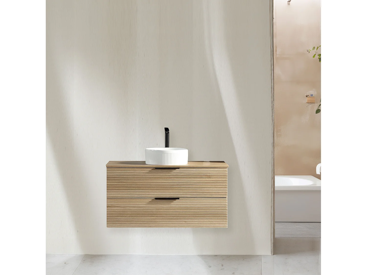 Meuble 120 cm chêne clair avec vasque à poser blanc wave Aqualinea