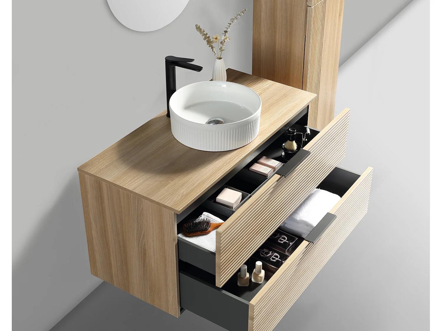 Meuble 100 cm chêne clair avec vasque à poser blanc wave Aqualinea