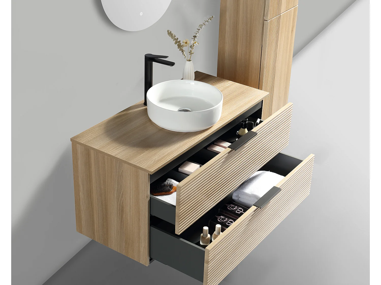 Meuble 100 cm chêne clair avec vasque à poser blanc brillant Aqualinea