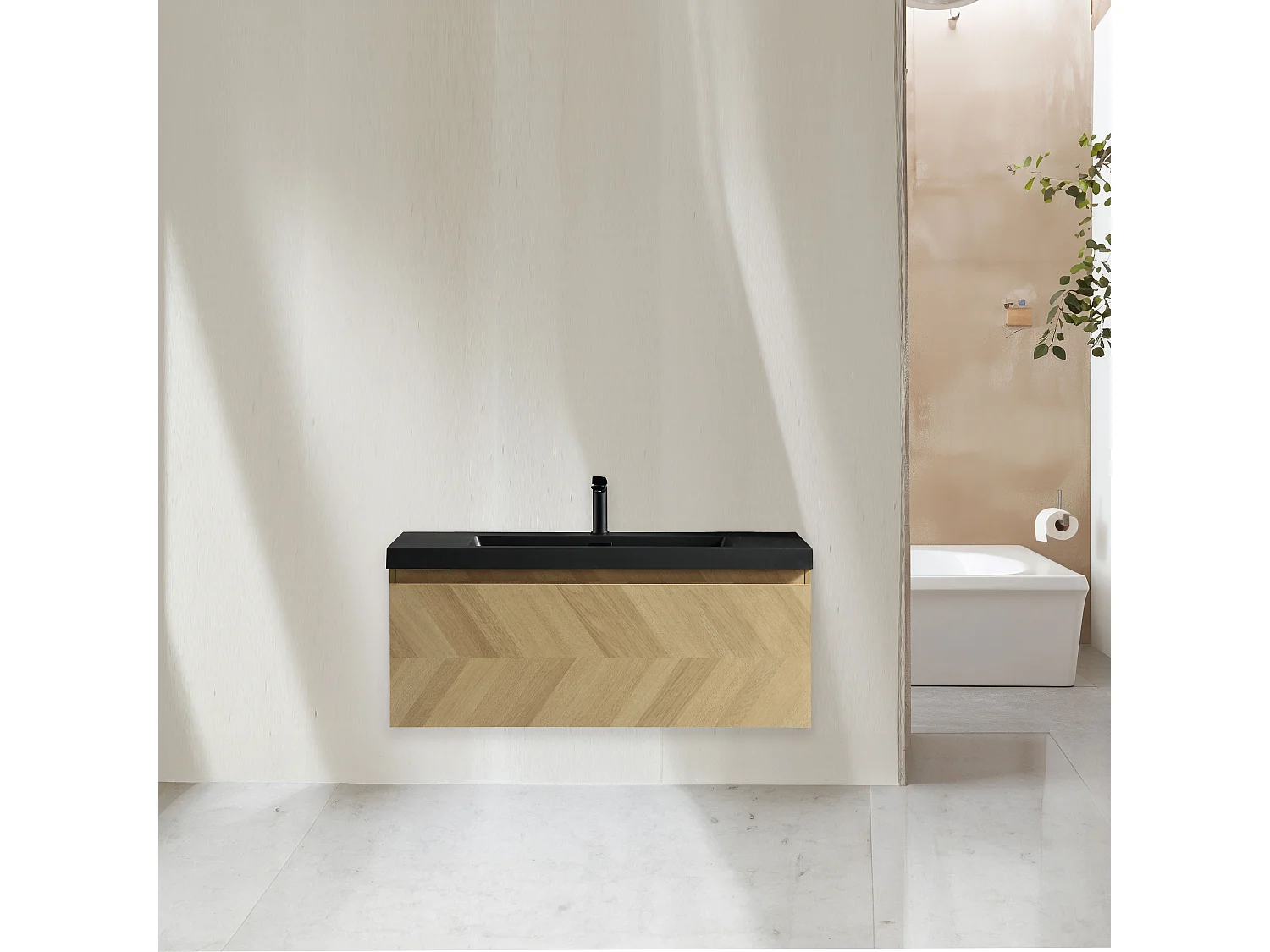 Meuble avec vasque 100 cm chevron aspect chêne Aquapunto