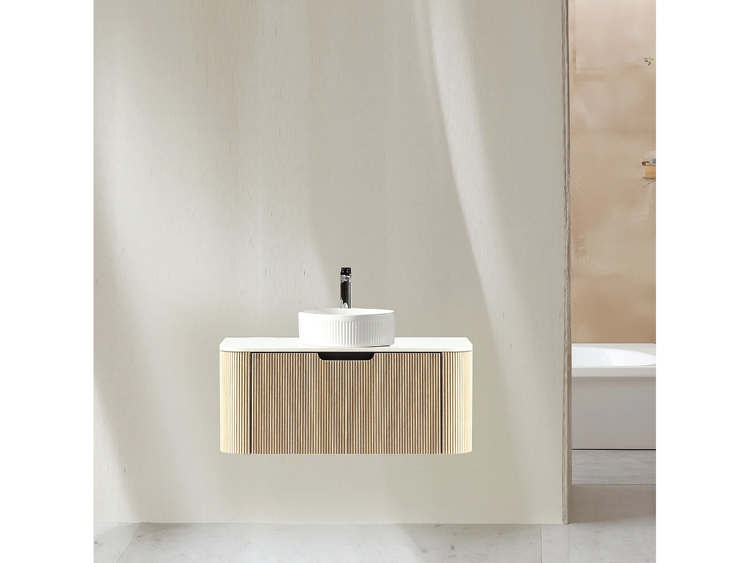Meuble 120 cm chêne clair Aquagiro avec vasque à poser blanche wave