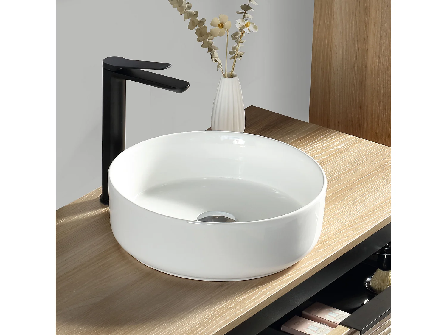 Meuble 120 cm chêne clair avec vasque à poser blanc brillant Aqualinea