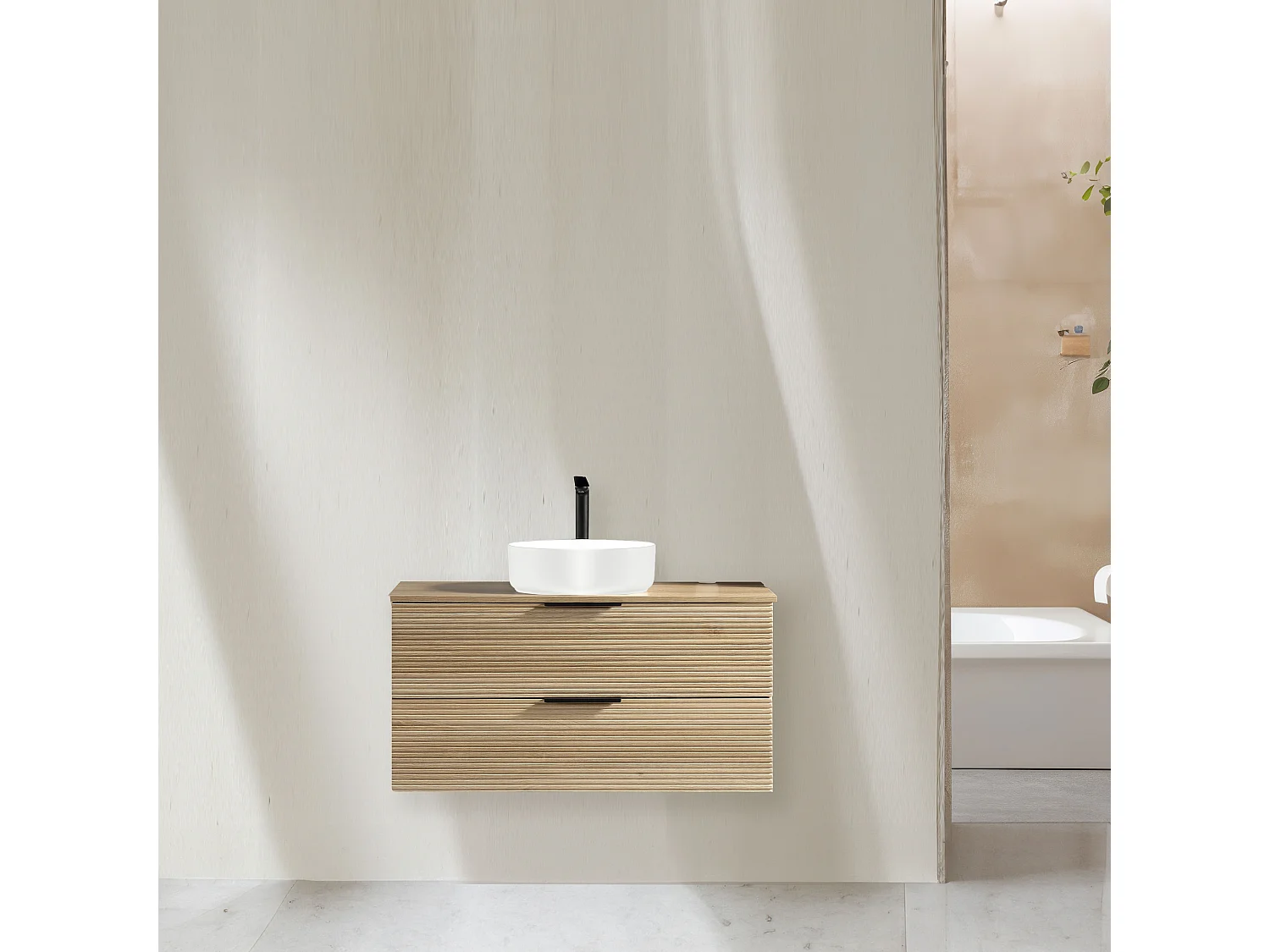 Meuble 120 cm chêne clair avec vasque à poser blanc brillant Aqualinea