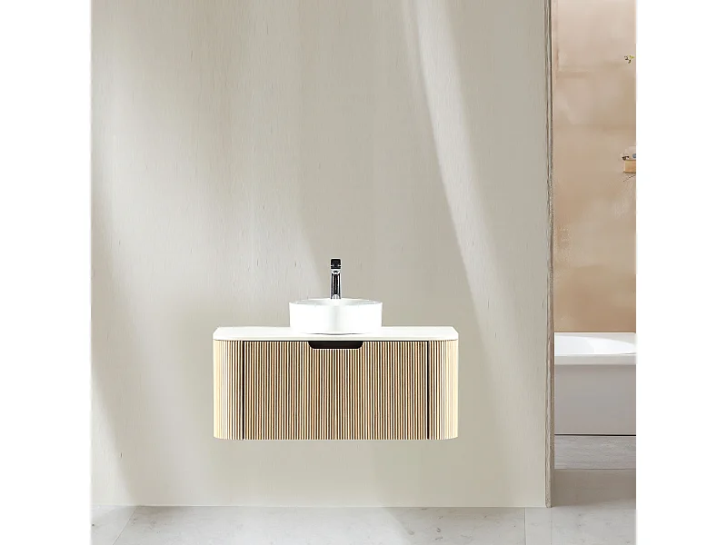 Meuble 100 cm chêne clair Aquagiro avec vasque à poser blanche wave