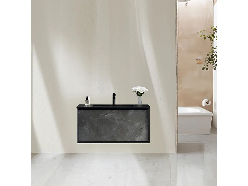 Meuble avec vasque 100 cm noir effet marbre Aquasasso