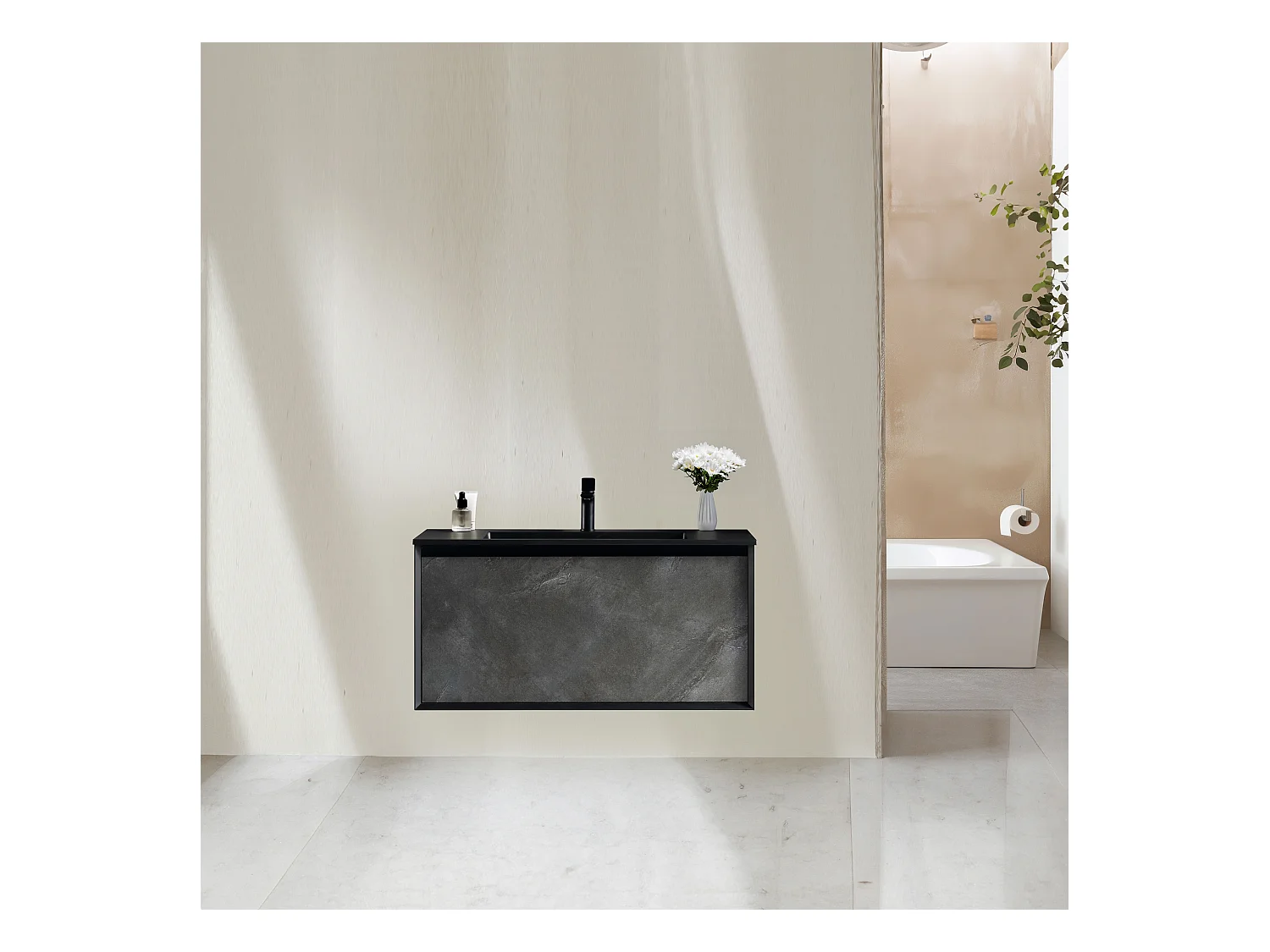 Meuble avec vasque 100 cm noir effet marbre Aquasasso