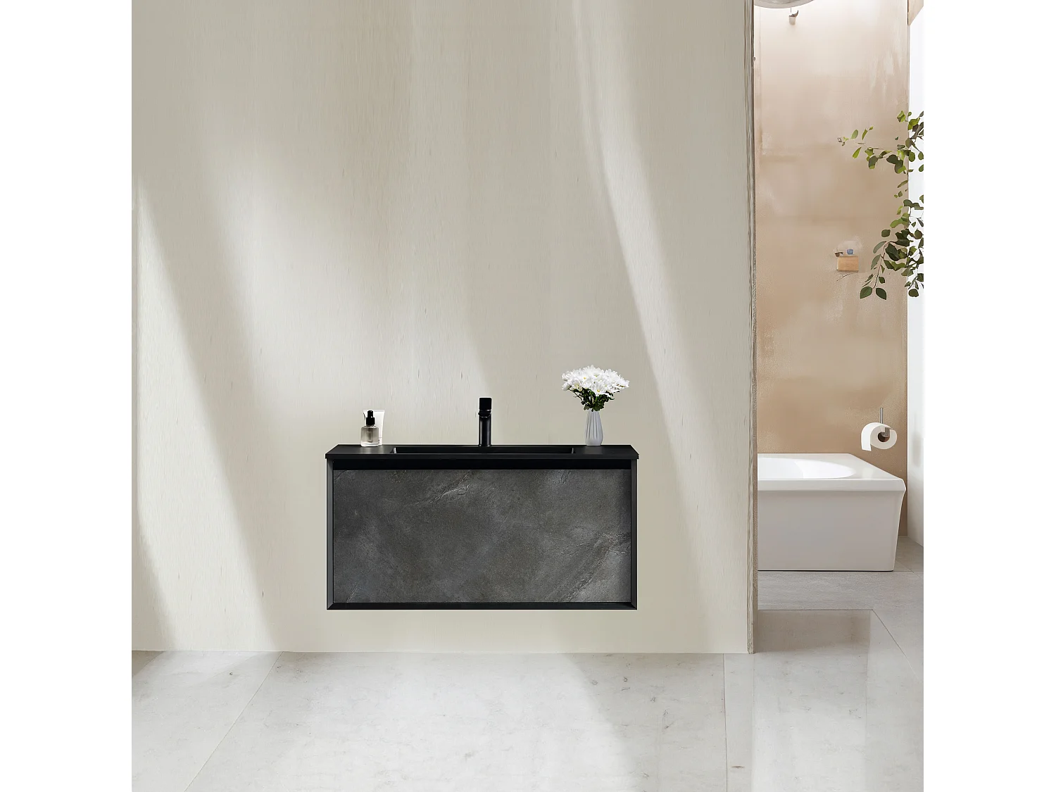 Meuble avec vasque 100 cm noir effet marbre Aquasasso