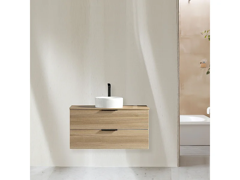 Meuble 120 cm chêne clair avec vasque à poser blanc mat Aqualinea