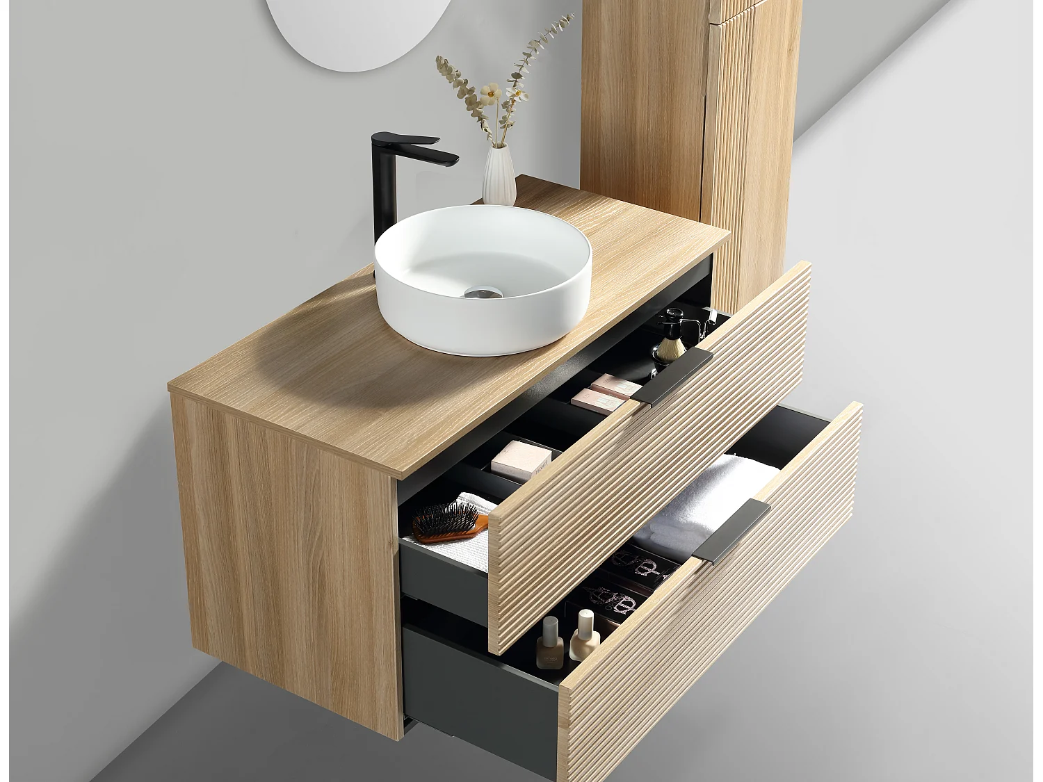 Meuble 120 cm chêne clair avec vasque à poser blanc mat Aqualinea