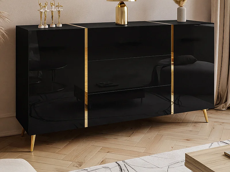 Sideboard mit 2 Türen & 3 Schubladen - Schwarz glänzend & Goldfarben - MARZIALO
