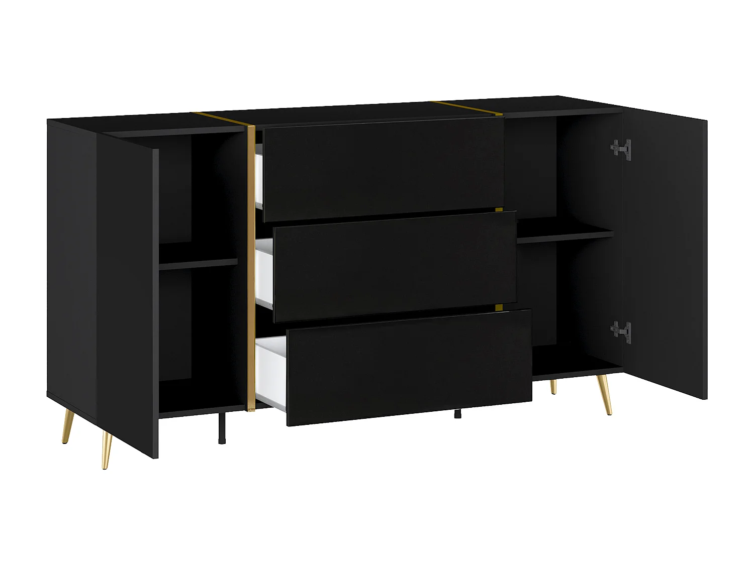 Aparador com 2 portas e 3 gavetas preto brilhante e dourado - MARZIALO