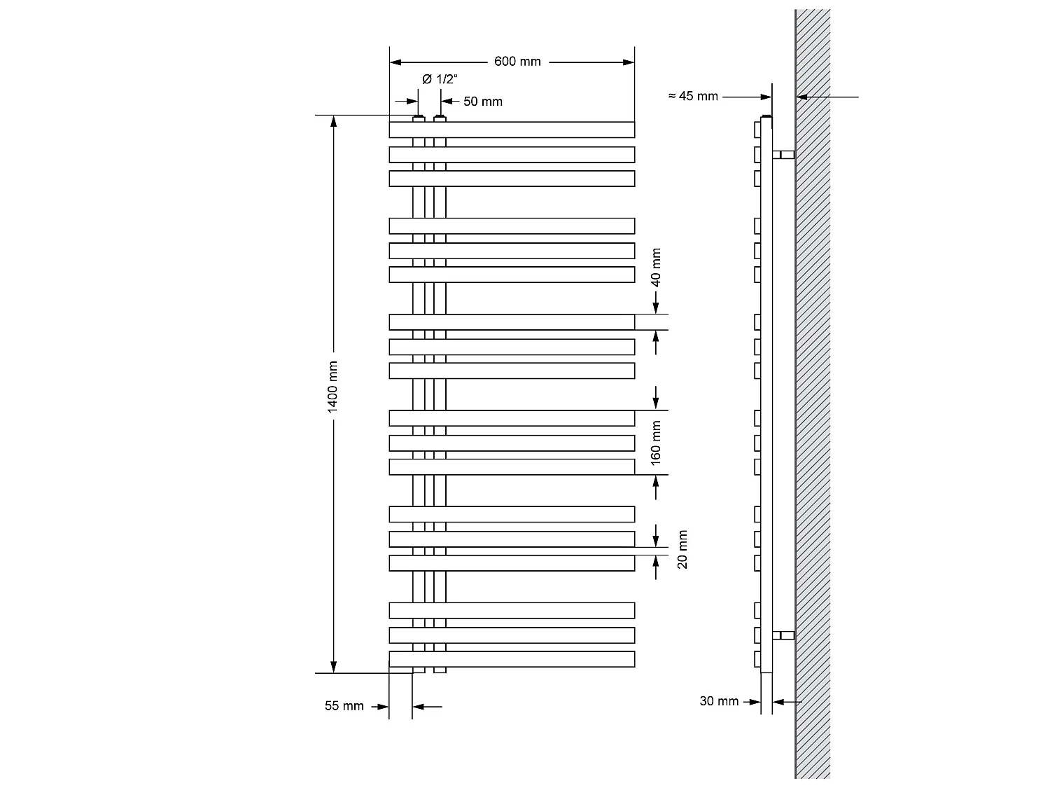 Ferro EM Radiatore Radiatore per asciugamani Radiatore per bagno Bianco 60x140cm